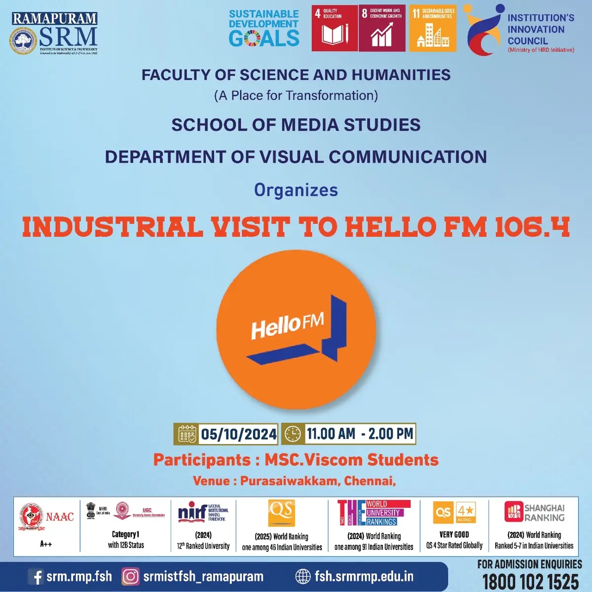 Industrial Visit to Hello FM 106.4 on 05.10.2024