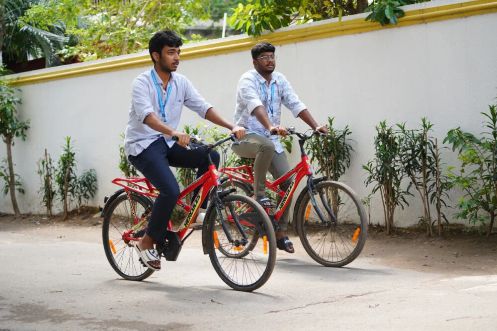 Students cycling on campus