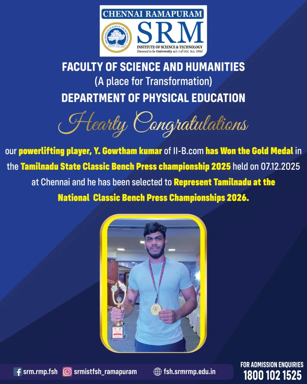 Y. Gowtham Kumar - Gold Medal. Tamil Nadu State Classic Bench Press Championship 2025, Chennai. Selected to represent Tamil Nadu at the National Classic Bench Press Championships 2026