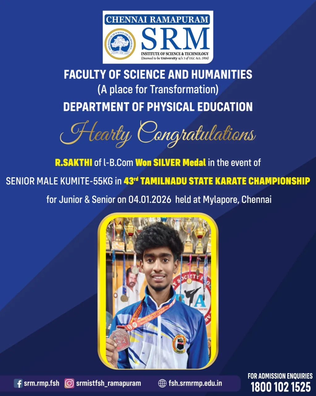 R. Sakthi - Silver Medal. Senior Male Kumite 55 kg, 43rd Tamil Nadu State Karate Championship, Mylapore, Chennai