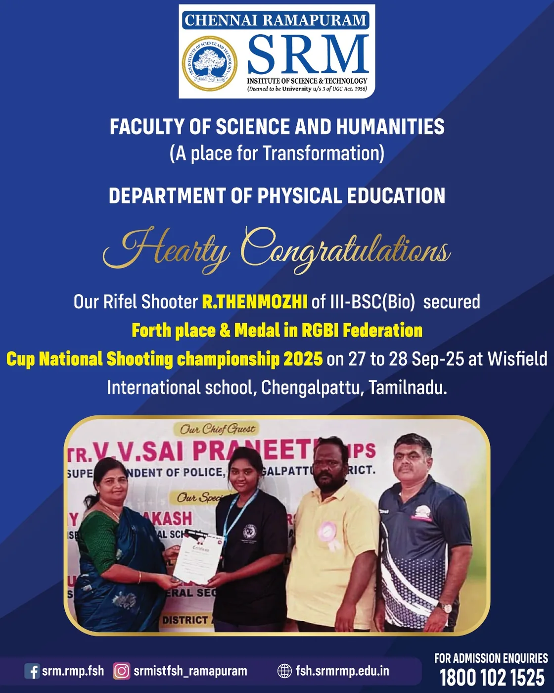 R. Thenmozhi - Fourth Place. Rifle shooting, RGBI Federation Cup National Shooting Championship 2025, Wisfield International School, Chengalpattu