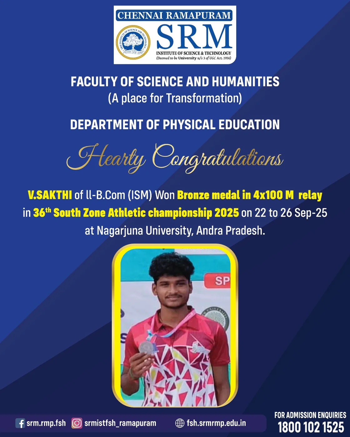 V. Sakthi - Bronze Medal. Relay, 36th South Zone Athletic Championship 2025, Nagarjuna University, Andhra Pradesh