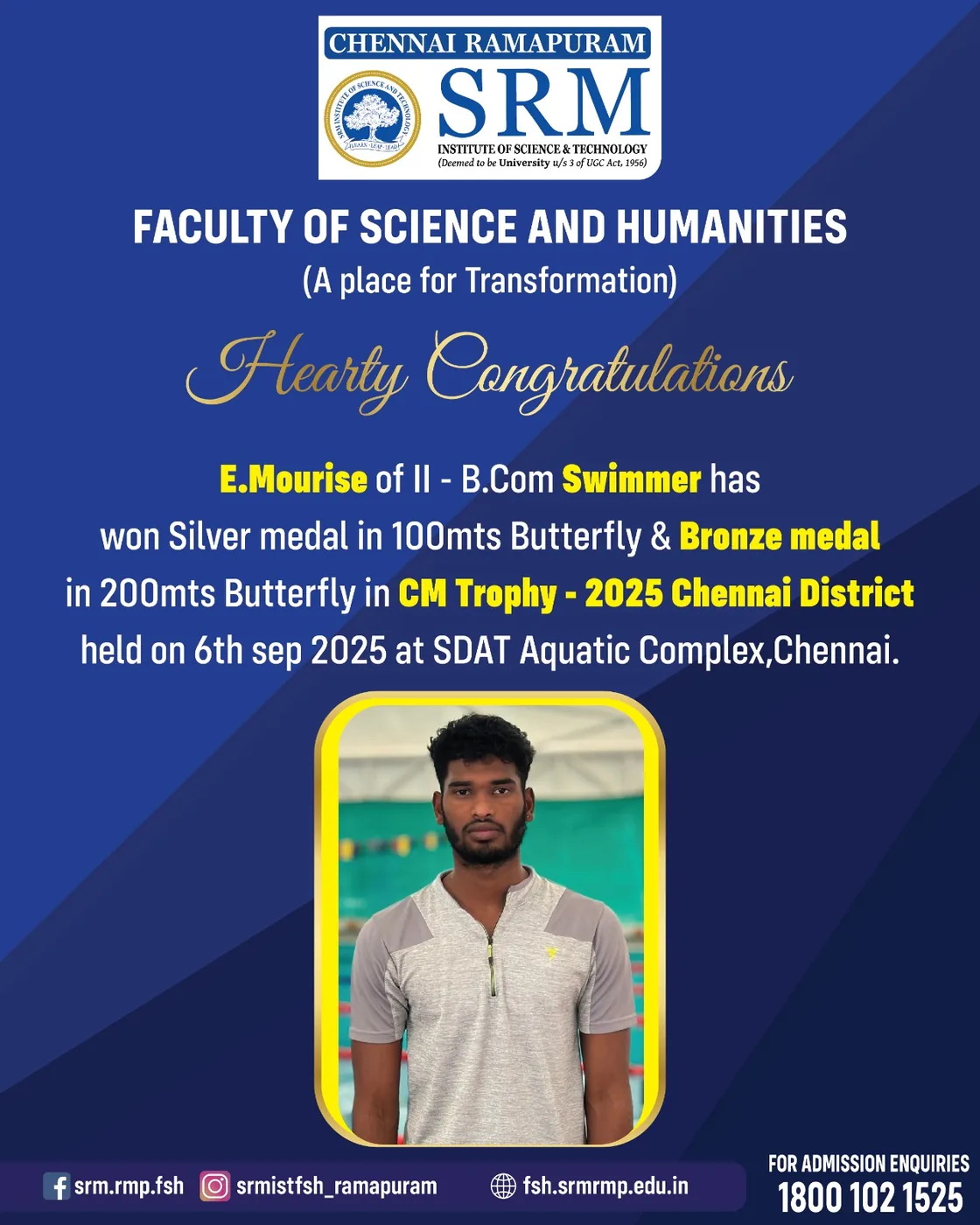 E. Mourise - Silver and Bronze. 100 m Butterfly and 200 m Butterfly, CM Trophy 2025 Chennai District, SDAT Aquatic Complex