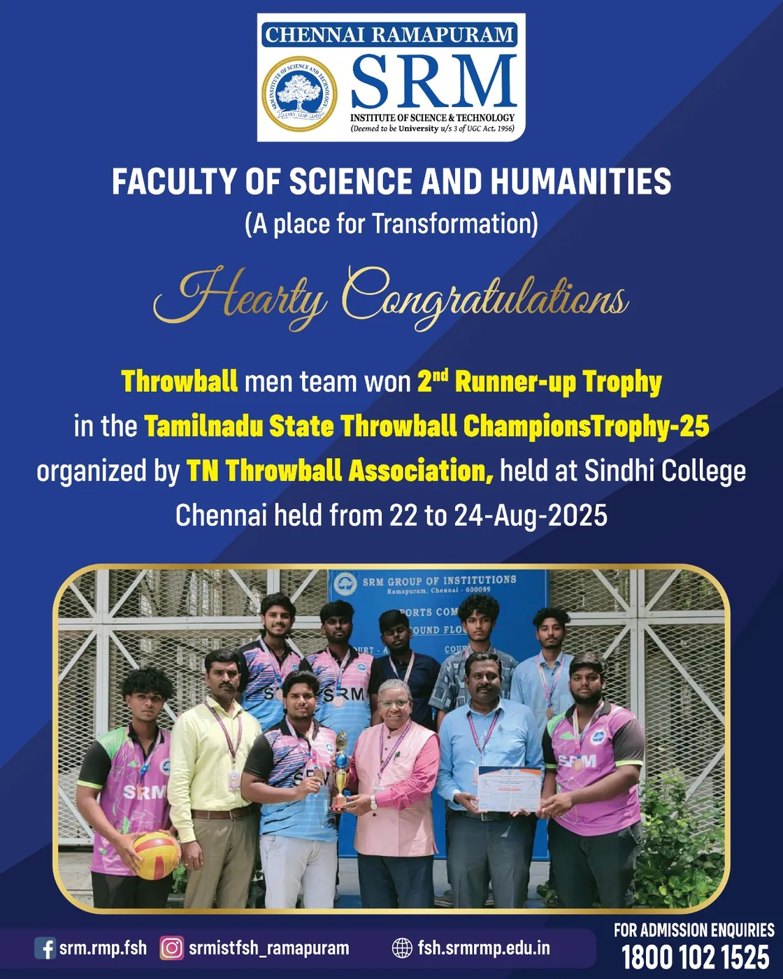 Throwball Men - 2nd Runner-up. Tamil Nadu State Throwball Champions Trophy 2025, organised by the TN Throwball Association at Sindhi College, Chennai