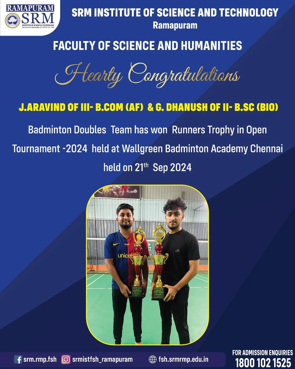 J. Aravind and G. Dhanush - Runners Trophy. Badminton Doubles, Open Tournament 2024, Wallgreen Badminton Academy, Chennai