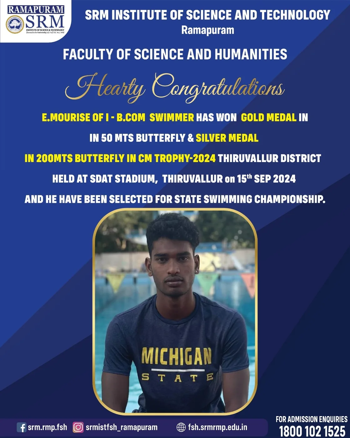 E. Mourise - Gold and Silver. 50 m Butterfly and 200 m Butterfly, CM Trophy 2024 Thiruvallur District, SDAT Stadium. Selected for the State Swimming Championship