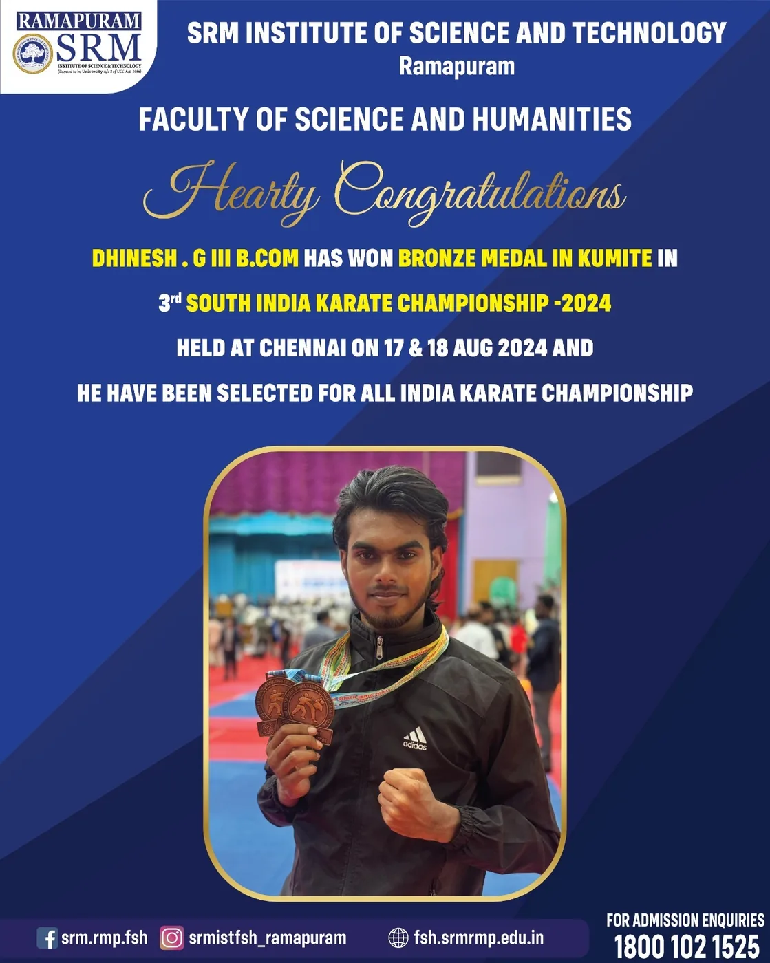 G. Dhinesh - Bronze Medal. Kumite, 3rd South India Karate Championship 2024, Chennai. Selected for the All India Karate Championship