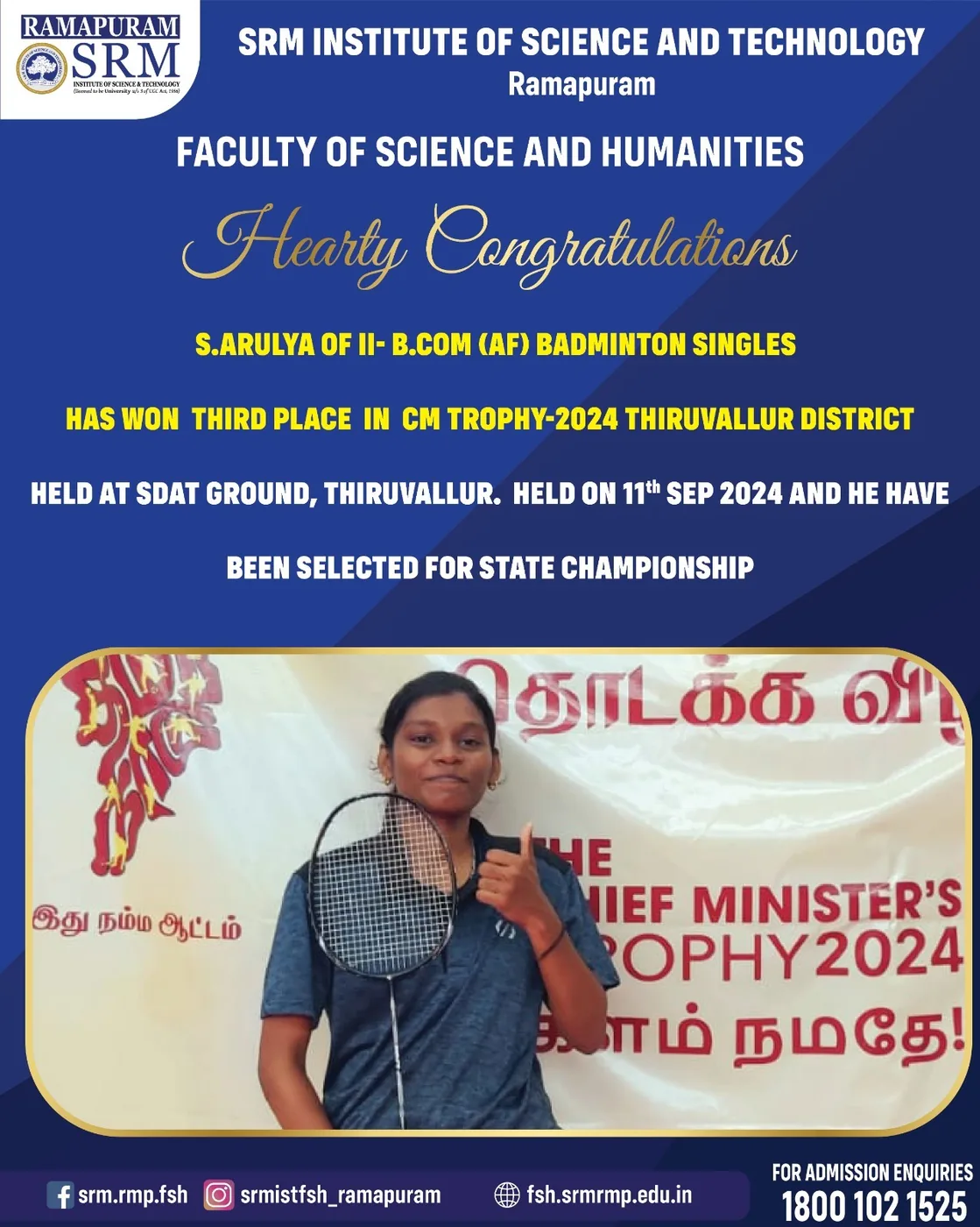 S. Arulya - Third Place. Badminton Singles, CM Trophy 2024 Thiruvallur District, SDAT Ground. Selected for the State Championship