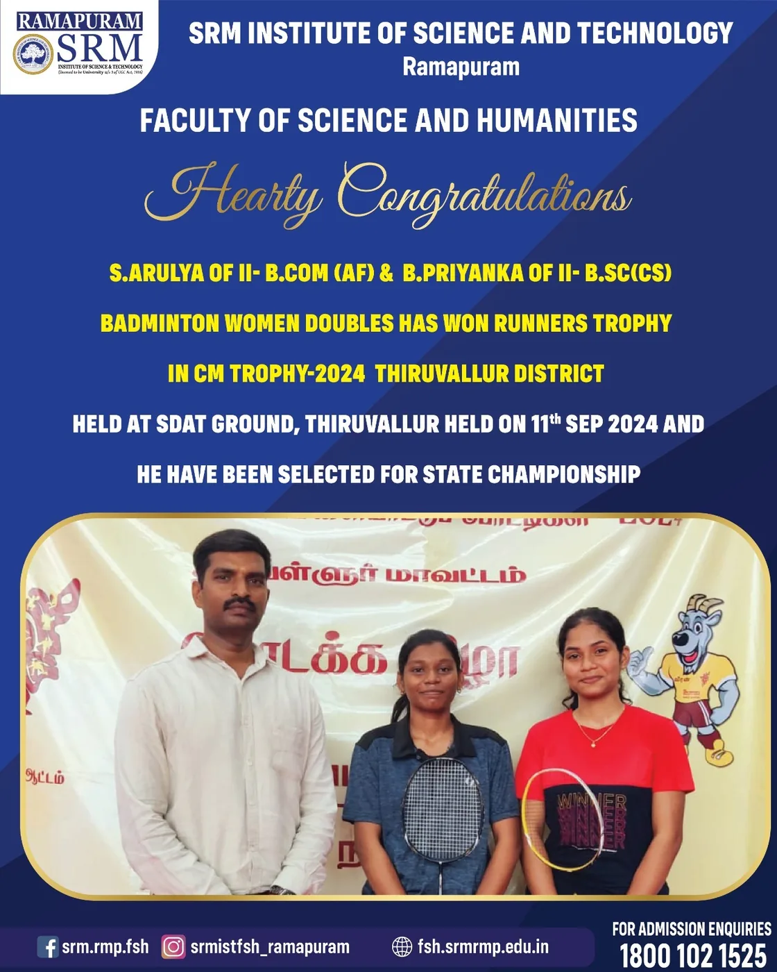 S. Arulya and B. Priyanka - Runners Trophy. Badminton Women Doubles, CM Trophy 2024 Thiruvallur District, SDAT Ground. Selected for the State Championship
