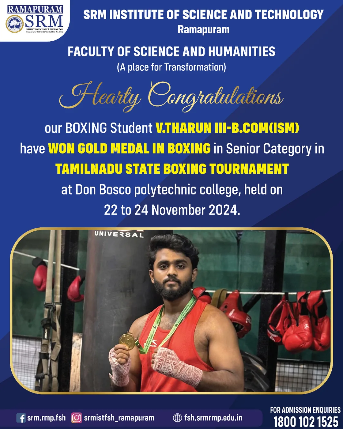 V. Tharun - Gold Medal. Senior Category, Tamil Nadu State Boxing Tournament, Don Bosco Polytechnic College