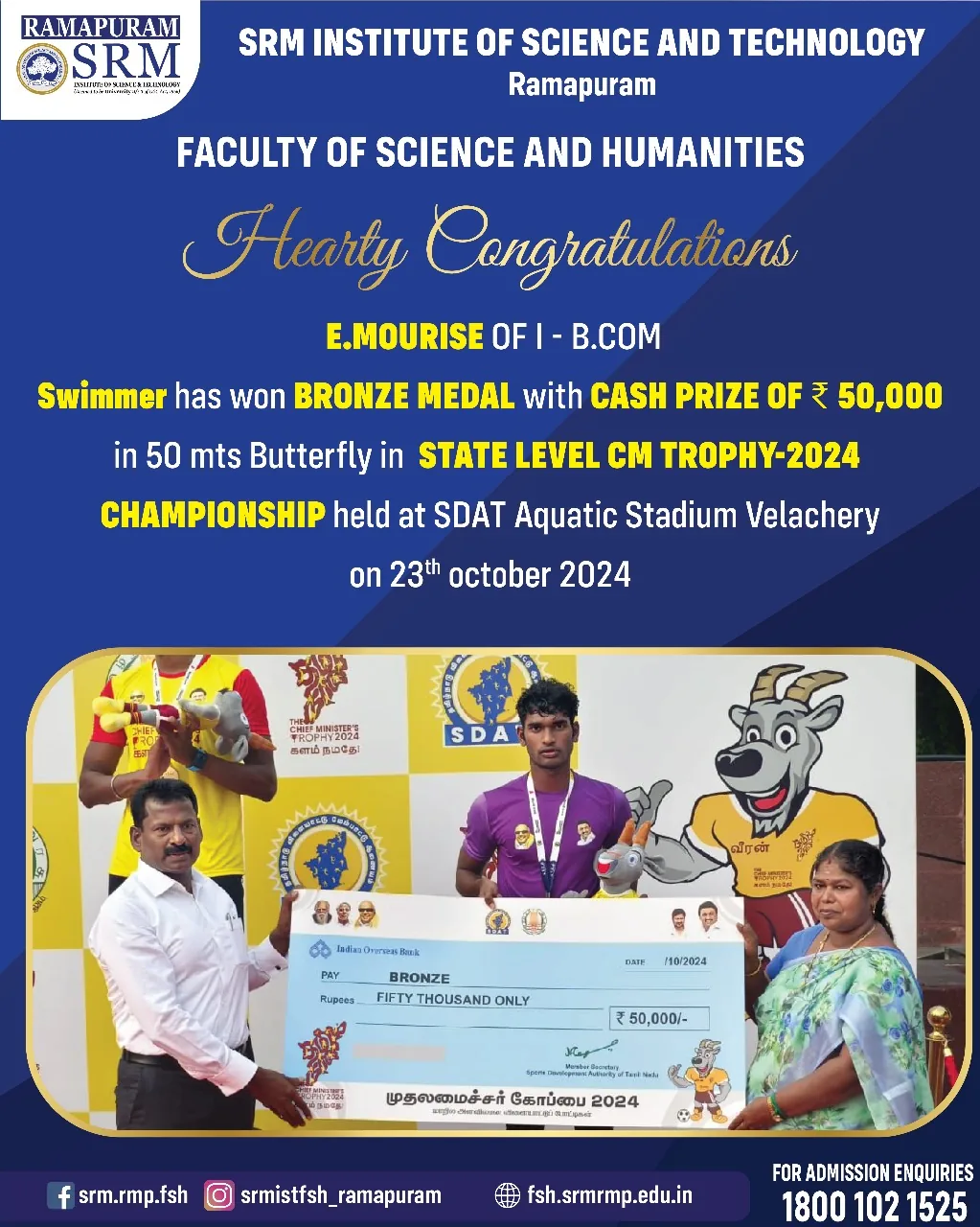 E. Mourise - Bronze Medal and Cash Prize. 50 m Butterfly, State Level CM Trophy 2024 Championship, SDAT Aquatic Stadium, Velachery