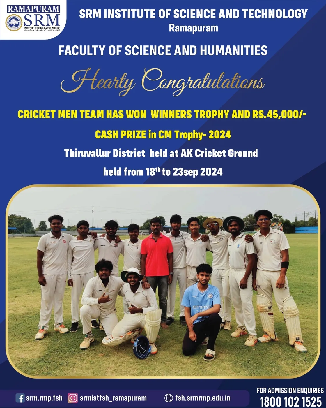 Cricket Men - Winners Trophy. CM Trophy 2024 Thiruvallur District, AK Cricket Ground. Winners trophy and a cash prize of Rs. 45,000