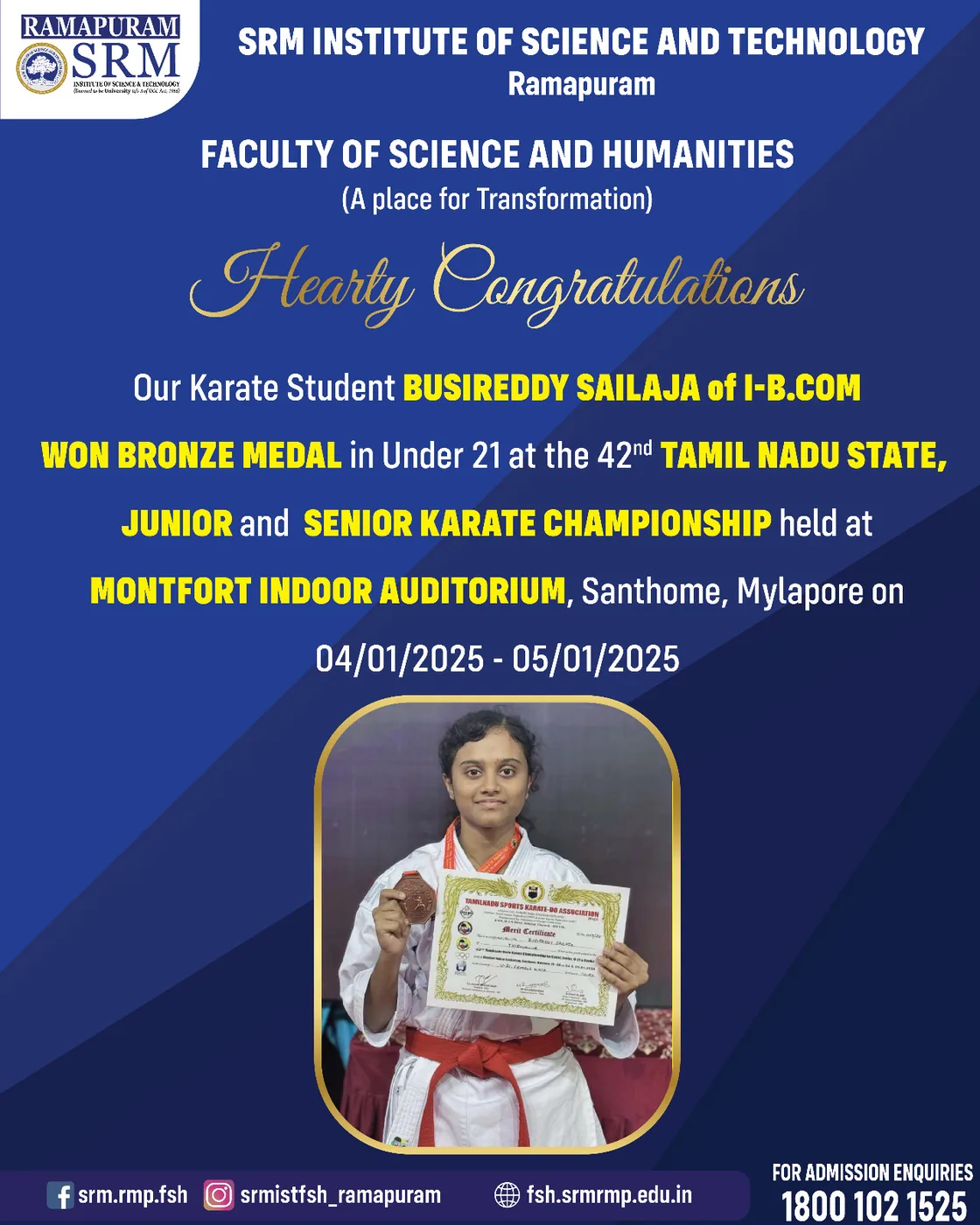 Busireddy Sailaja - Bronze Medal. Under 21, 42nd Tamil Nadu State Junior and Senior Karate Championship, Montfort Indoor Auditorium, Mylapore