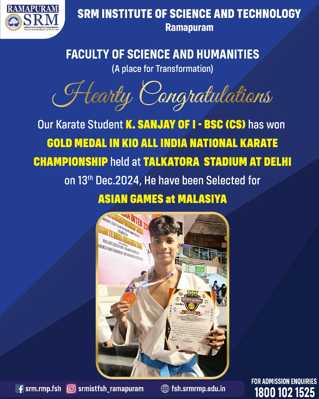 K. Sanjay - Gold Medal. KIO All India National Karate Championship, Talkatora Stadium, Delhi. Selected for the Asian Games in Malaysia