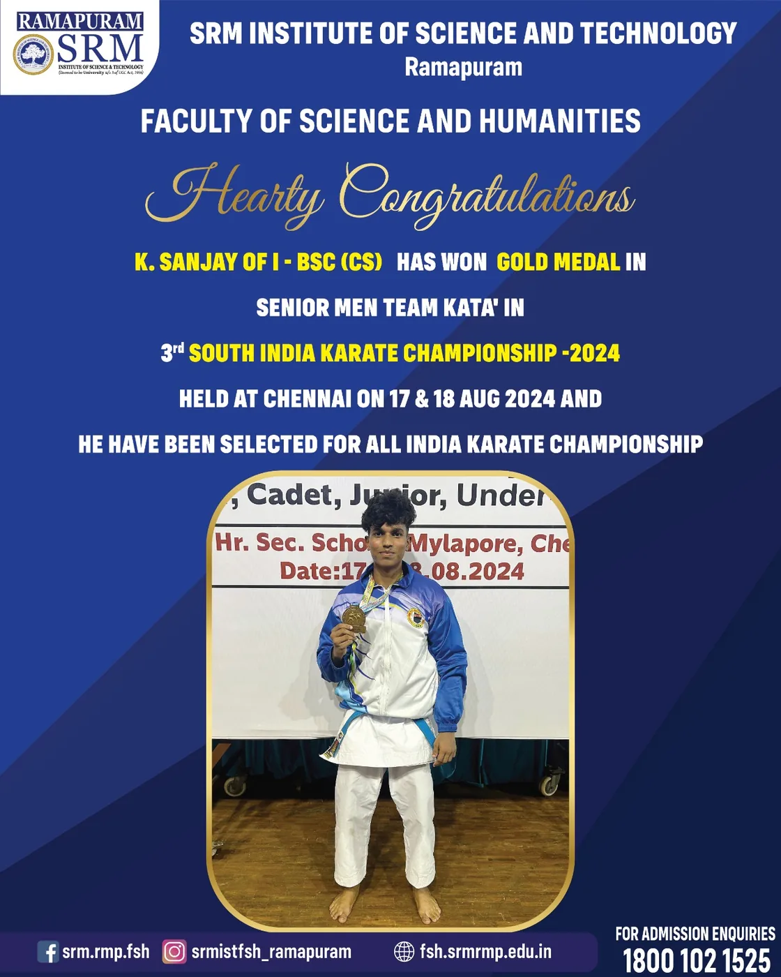 K. Sanjay - Gold Medal. Senior Men Team Kata, 3rd South India Karate Championship 2024, Chennai. Selected for the All India Karate Championship