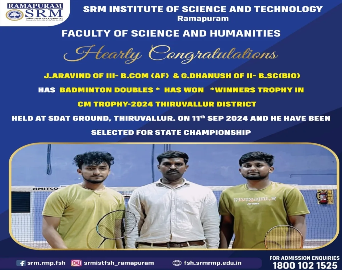 J. Aravind and G. Dhanush - Winners Trophy. Badminton Doubles, CM Trophy 2024 Thiruvallur District, SDAT Ground. Selected for the State Championship