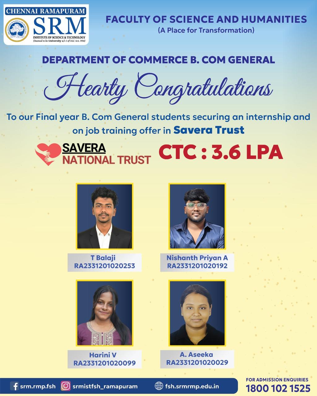 Student placed at Savera National Trust